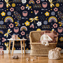 Kids Wallpaper with Dragonflies, Rainbows, and Flowers in Yellow, Pink, and Blue - B522