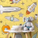 Kids Wallpaper with a Doodle Spaceship Motif in Yellow, Blue, and Orange - B539