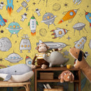 Kids Wallpaper with a Doodle Spaceship Motif in Yellow, Blue, and Orange - B539