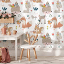 Animal Wallpaper with Floral Woodland Creatures in Brown, Pink, and Teal - B547