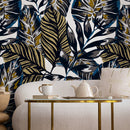 Botanical Wallpaper Featuring Bold Tropical Leaves in Blue, Gold, and Black - B134