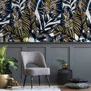 Botanical Wallpaper Featuring Bold Tropical Leaves in Blue, Gold, and Black - B134