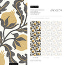 Floral Wallpaper with a Stippled Pomegranate Motif in Yellow and Charcoal - D019