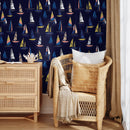 Nautical Wallpaper Featuring a Fleet of Sailboats in Navy Blue, Yellow, and Coral - B244