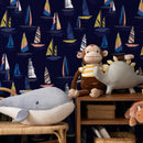 Nautical Wallpaper Featuring a Fleet of Sailboats in Navy Blue, Yellow, and Coral - B244