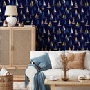 Nautical Wallpaper Featuring a Fleet of Sailboats in Navy Blue, Yellow, and Coral - B244