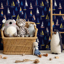 Nautical Wallpaper Featuring a Fleet of Sailboats in Navy Blue, Yellow, and Coral - B244