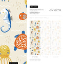 Ocean Wallpaper with Folk Art Sea Creatures in Blue, Orange, and Yellow - D110