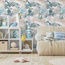 Tropical Wallpaper with Toucans and Palm Leaves in Teal, Pink, and Blue - B249