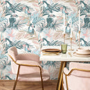 Tropical Wallpaper with Toucans and Palm Leaves in Teal, Pink, and Blue - B249