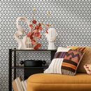 Geometric Wallpaper with a Repeating Starburst Motif in Black and White - B252