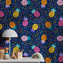 Geometric Wallpaper with a Retro Pineapple Motif in Pink, Orange, and Yellow - B267