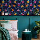 Geometric Wallpaper with a Retro Pineapple Motif in Pink, Orange, and Yellow - B267