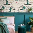 Desert Wallpaper with an Illustrated Cactus Scene in Green, Red, and Black - B428