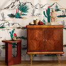 Desert Wallpaper with an Illustrated Cactus Scene in Green, Red, and Black - B428