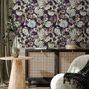 Floral Wallpaper featuring a Moody Bouquet in Dark Purple, Green, and Mauve - B558