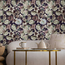 Floral Wallpaper featuring a Moody Bouquet in Dark Purple, Green, and Mauve - B558