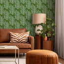 Botanical Wallpaper Featuring a Graphic Palm Frond Design in Green and White - B596