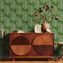 Botanical Wallpaper Featuring a Graphic Palm Frond Design in Green and White - B596