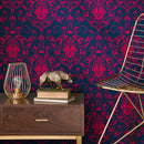 Classic Damask Wallpaper in Magenta and Navy Blue - B685