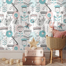 Kids Wallpaper with Whimsical Flowers and Dragonflies in Pink, Teal, and Black - B815