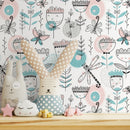 Kids Wallpaper with Whimsical Flowers and Dragonflies in Pink, Teal, and Black - B815