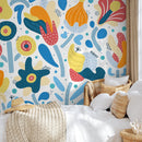 Abstract Wallpaper with Playful Organic Shapes in Blue, Yellow, and Red - B857