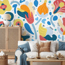 Abstract Wallpaper with Playful Organic Shapes in Blue, Yellow, and Red - B857