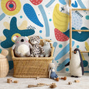 Abstract Wallpaper with Playful Organic Shapes in Blue, Yellow, and Red - B857