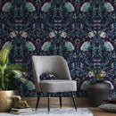 Botanical Wallpaper with a Symmetrical Floral Motif in Dark Purple, Teal, and Pink - B912
