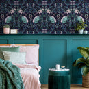 Botanical Wallpaper with a Symmetrical Floral Motif in Dark Purple, Teal, and Pink - B912