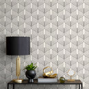 Art Deco Wallpaper with Rhythmic Interlocking Lines in Black and Cream - B287