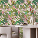 Tropical Wallpaper with Hibiscus and Palm Leaves in Rose, Green, and Yellow - B291