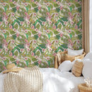 Tropical Wallpaper with Hibiscus and Palm Leaves in Rose, Green, and Yellow - B291