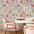 Floral Wallpaper with a Colorful Wildflower Meadow in Rose, Blue, and Yellow - B298