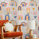 Kids Wallpaper with Hand-Drawn Rainbows and Hearts in Pink, Blue, and Orange - B299
