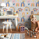 Kids Wallpaper with Hand-Drawn Rainbows and Hearts in Pink, Blue, and Orange - B299