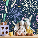 Floral Wallpaper with Painterly Brush Stroke Daisies in Yellow, Mint, and Blue - B332