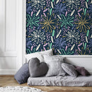 Floral Wallpaper with Painterly Brush Stroke Daisies in Yellow, Mint, and Blue - B332