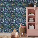 Floral Wallpaper with Painterly Brush Stroke Daisies in Yellow, Mint, and Blue - B332