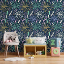Floral Wallpaper with Painterly Brush Stroke Daisies in Yellow, Mint, and Blue - B332