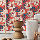 Tropical Wallpaper with Hawaiian Flowers and Areca Palms in Red, Blue, and Beige - B334
