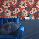 Tropical Wallpaper with Hawaiian Flowers and Areca Palms in Red, Blue, and Beige - B334