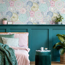 Floral Wallpaper with Doodle Style Mandalas in Teal, Pink, and Green - B361