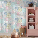 Floral Wallpaper with Doodle Style Mandalas in Teal, Pink, and Green - B361