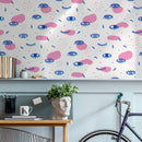 Abstract Wallpaper with a Funky Eye Motif in Pink, Blue, and Teal - B363