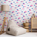 Abstract Wallpaper with a Funky Eye Motif in Pink, Blue, and Teal - B363