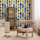 Abstract Wallpaper with U-Shaped Motifs in Blue, Yellow, and Black - B366