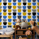 Abstract Wallpaper with U-Shaped Motifs in Blue, Yellow, and Black - B366