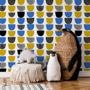 Abstract Wallpaper with U-Shaped Motifs in Blue, Yellow, and Black - B366